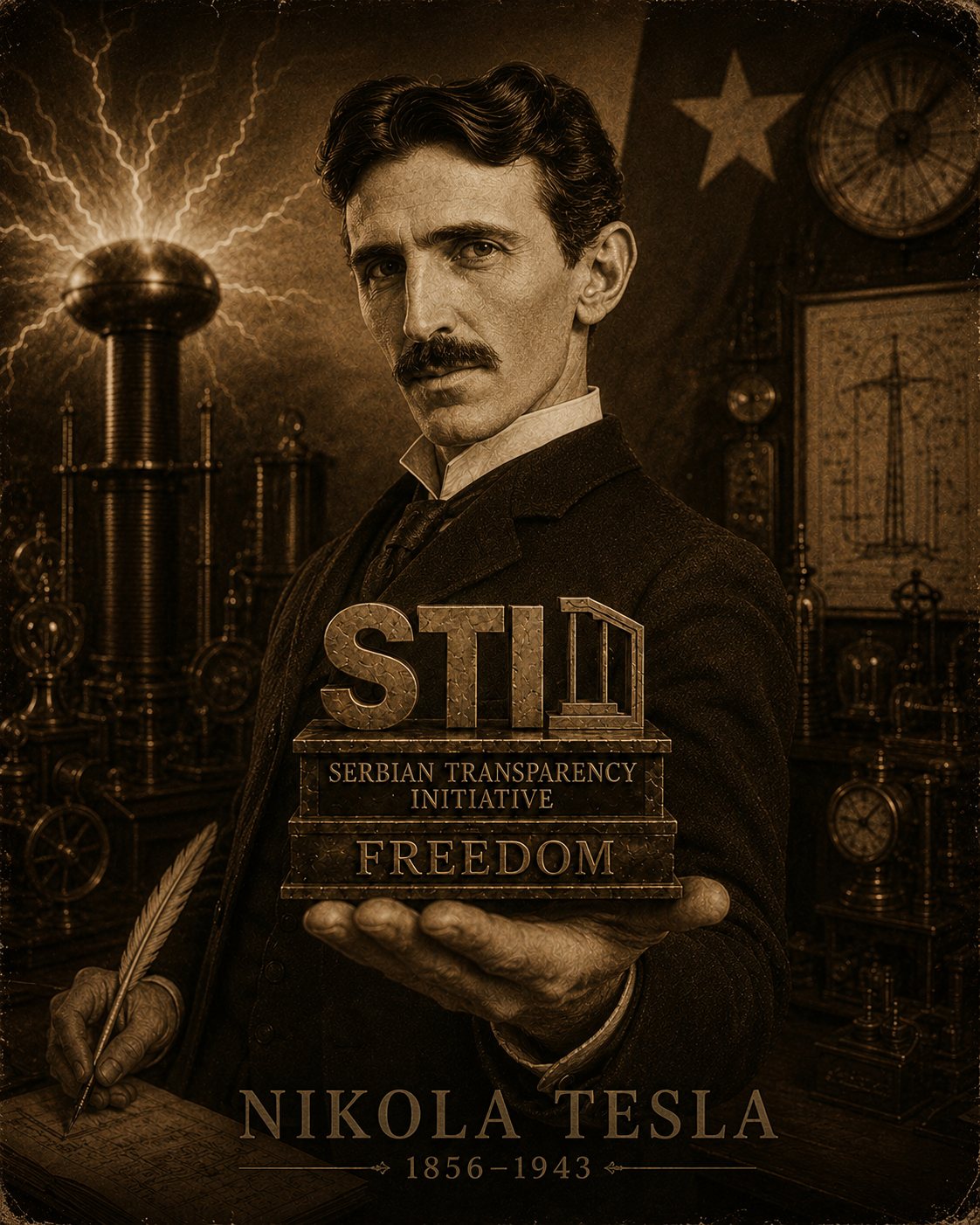 Sepia portrait of Nikola Tesla holding a Serbian Transparency Initiative emblem