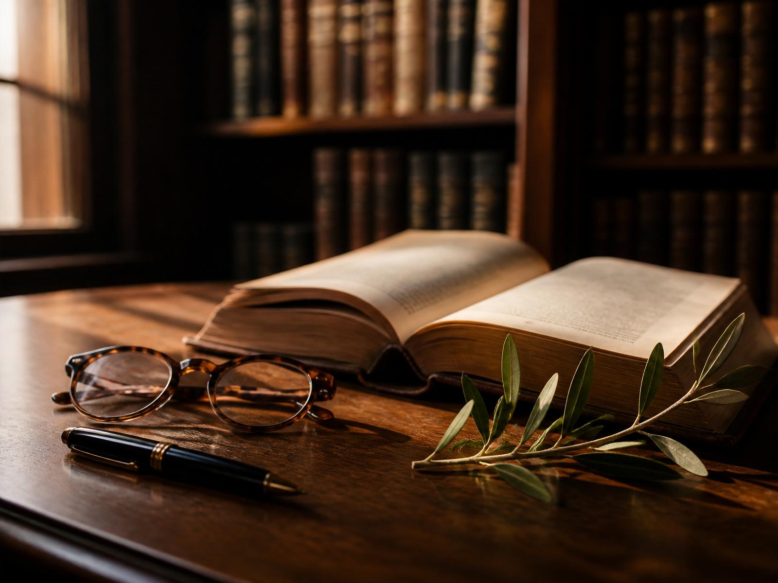 Open book, reading glasses, fountain pen, and olive branch on a walnut library table — evoking research, stewardship, and public service.